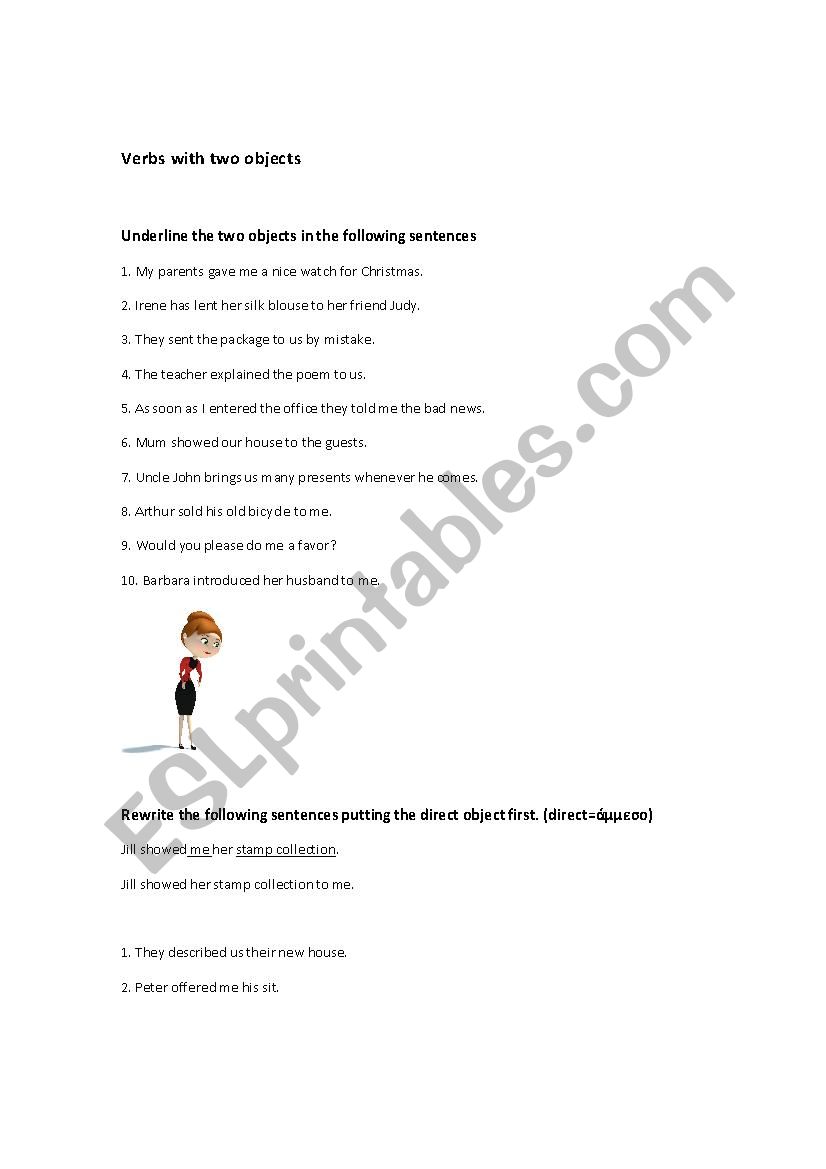 Verbs with 2 objects worksheet