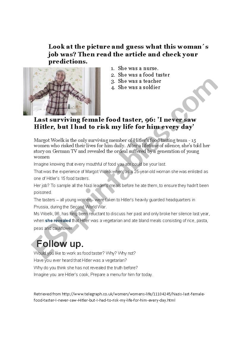 Hitlers Food Taster worksheet