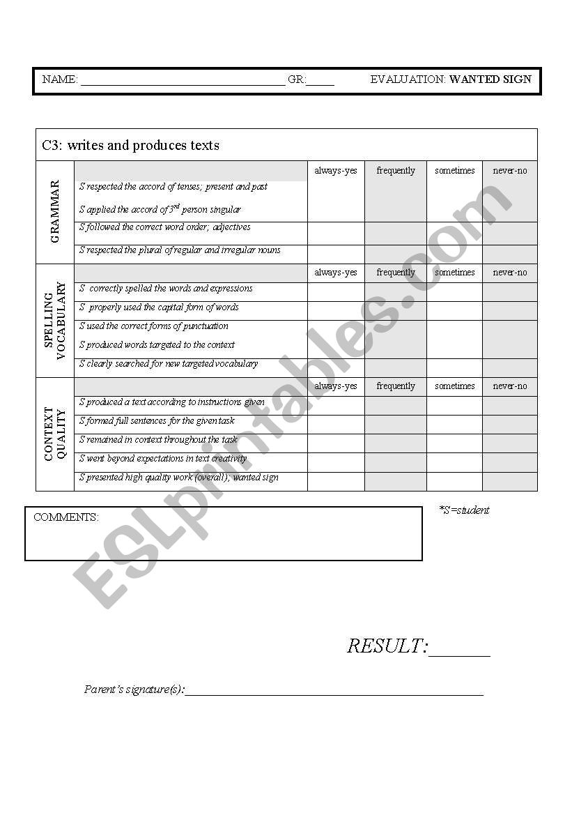 Evaluation Grid (for writing activities-projects)