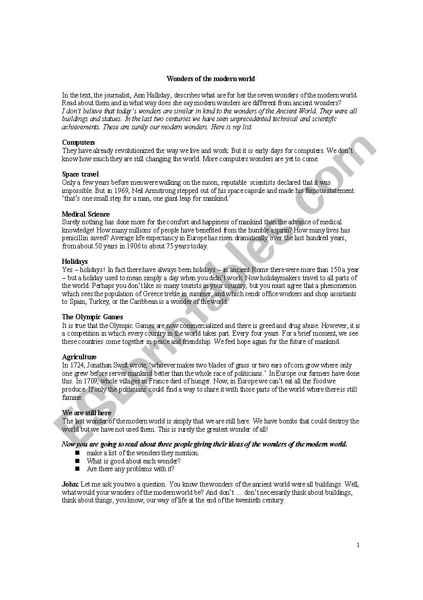 wonders of the modern world worksheet