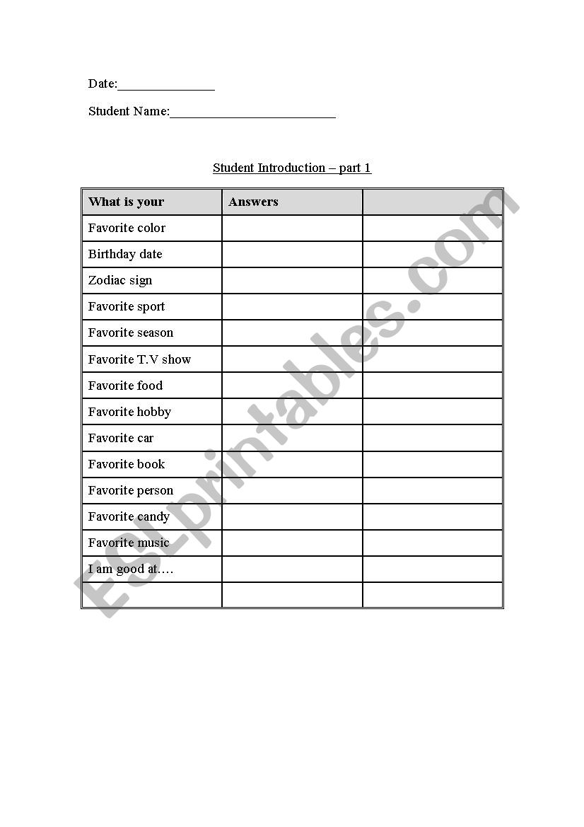 Student Introduction worksheet