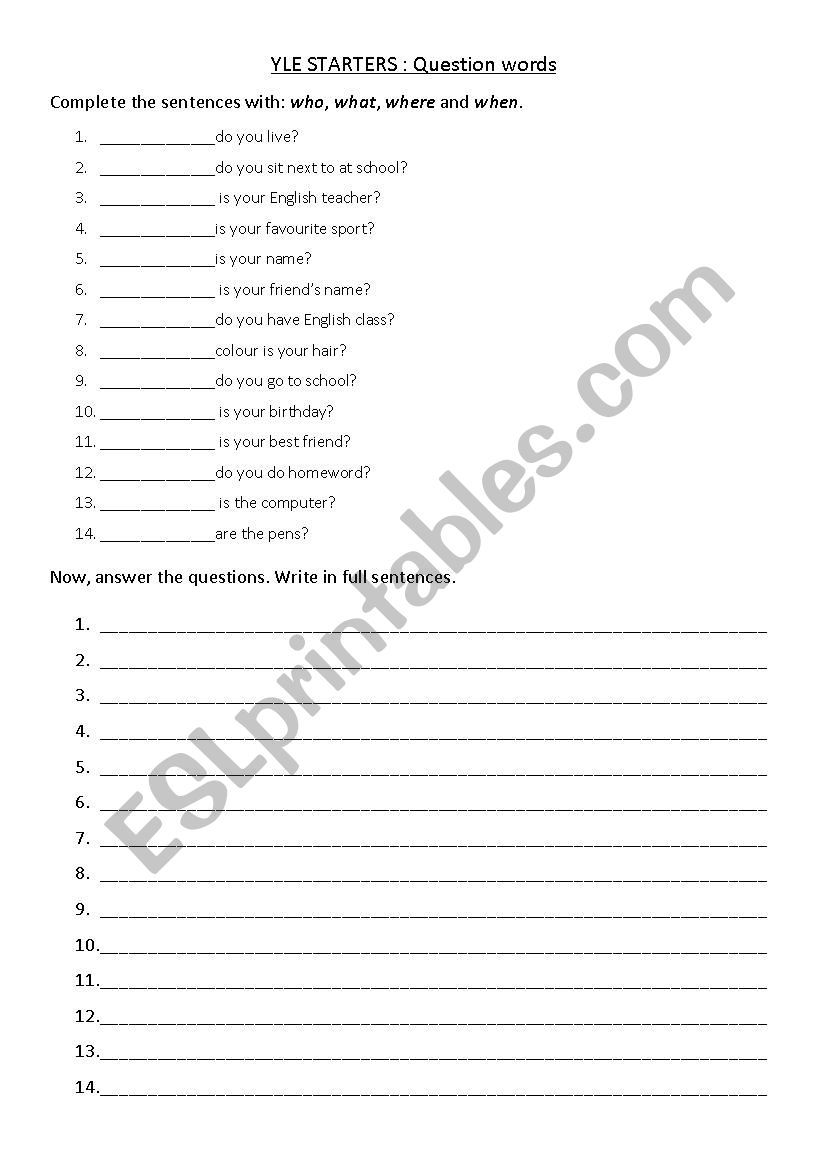 Cambridge young learners Starters. Question words practice, Questions and answers