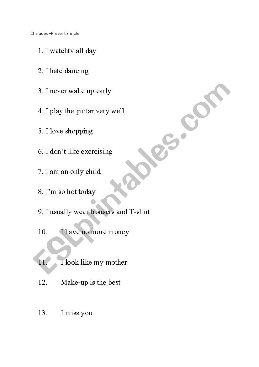 Charades game worksheet