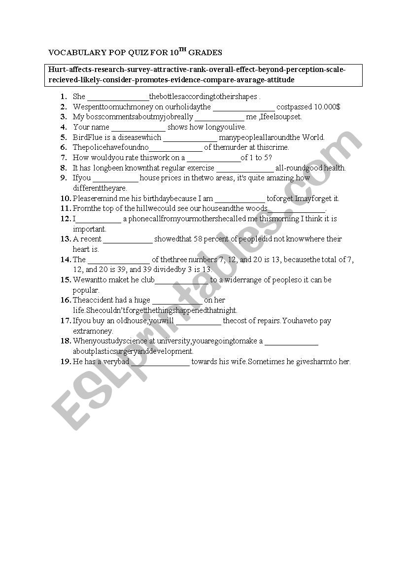 vocabulary for 10th grades worksheet