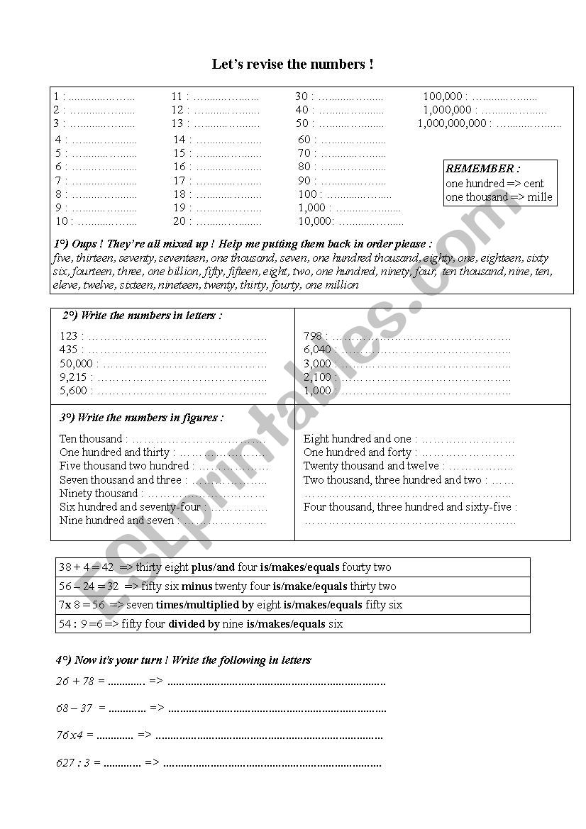 revise the numbers worksheet