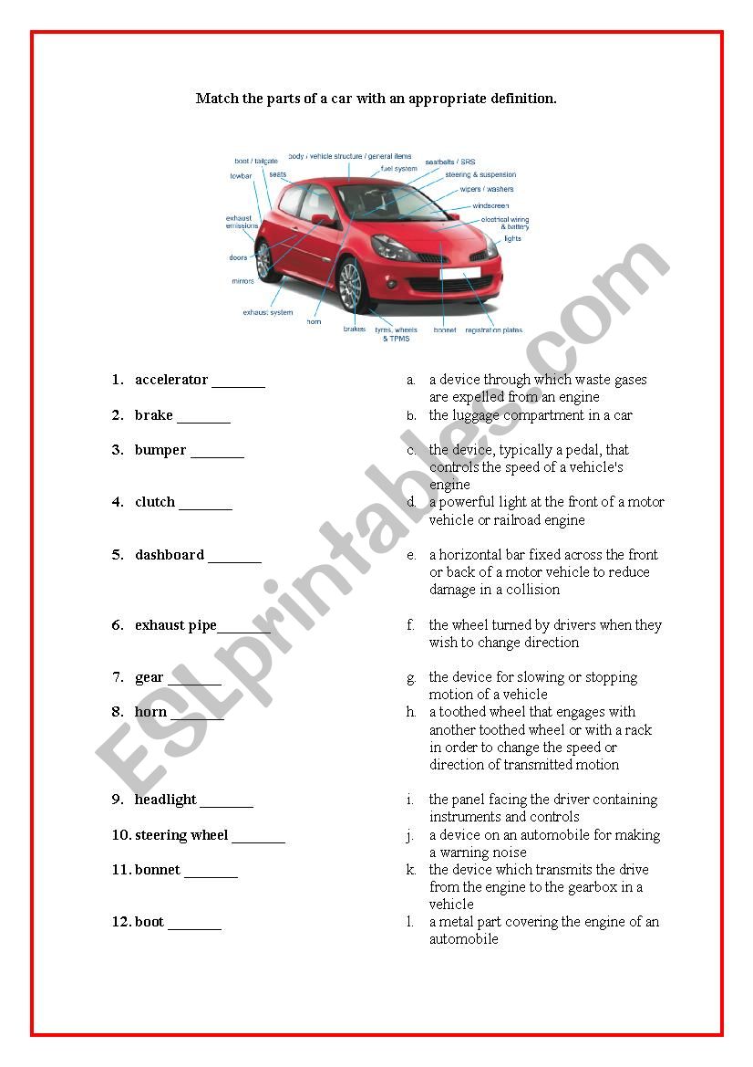 Car parts  worksheet