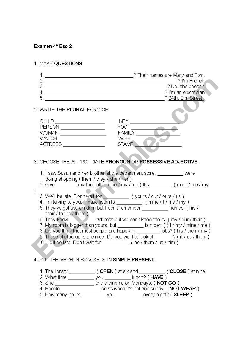 Grammatical exam worksheet