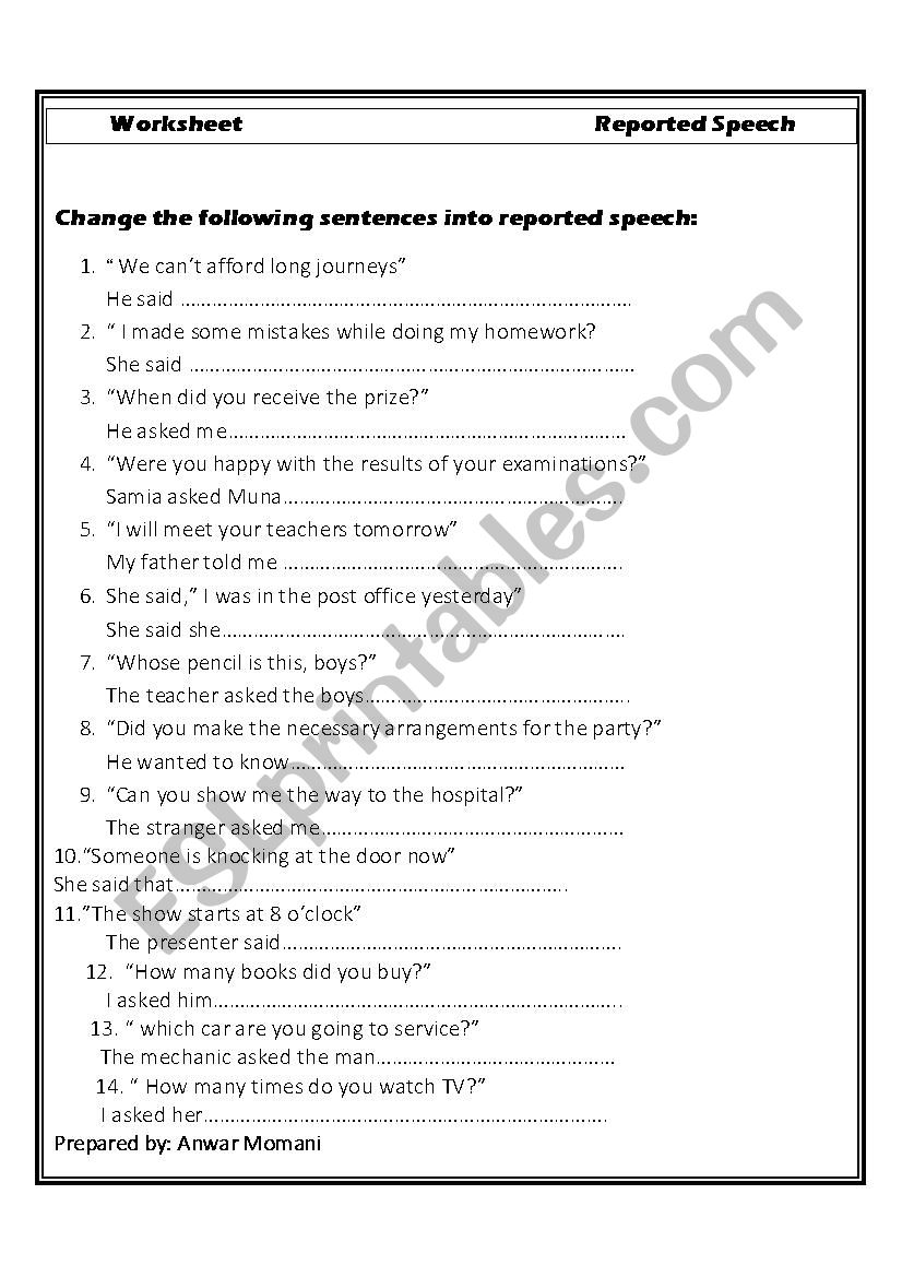 reported speech  worksheet