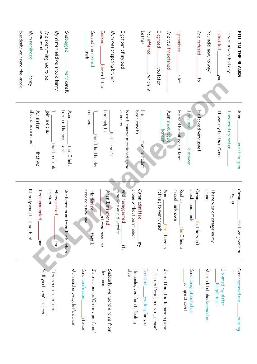 reporting verbs poem worksheet