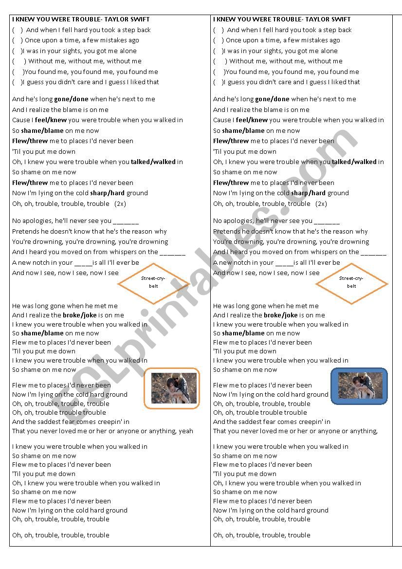 SONG I KNEW YOU WERE TROUBLE worksheet