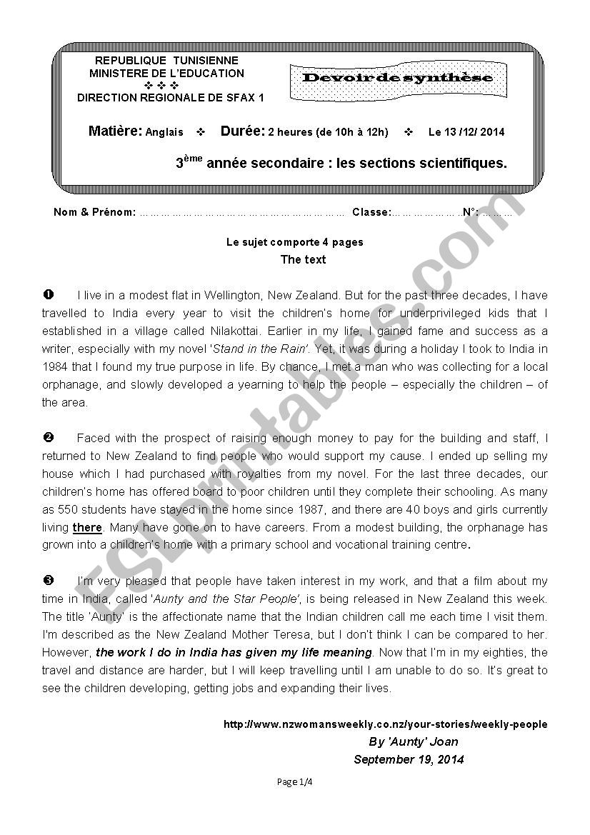 End - of - term test 1 - 3rd forms - Scientific branches ( Tunisian Students )