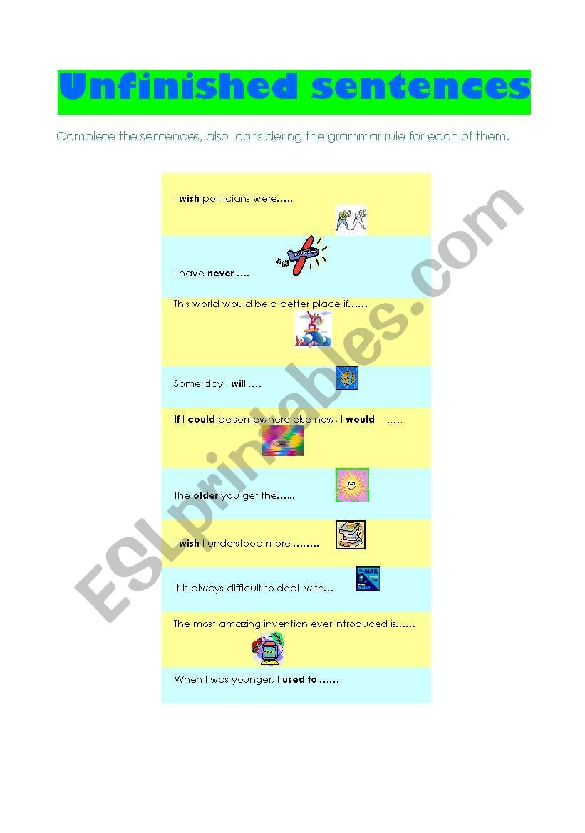 Unfinished sentenses worksheet