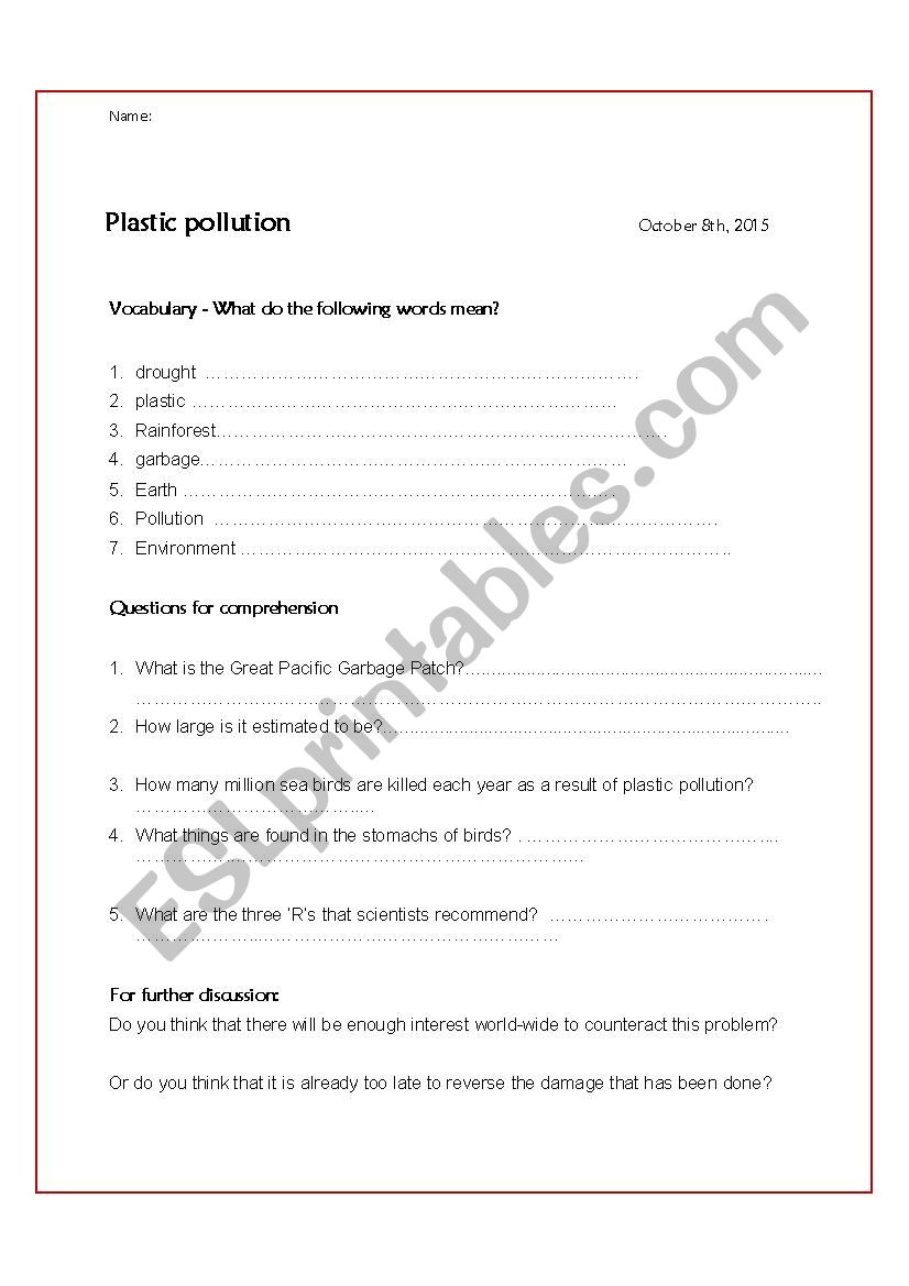 Plastic Pollution Worksheet  worksheet
