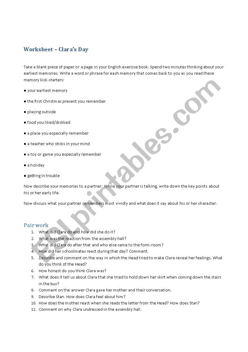 Claras Day worksheet