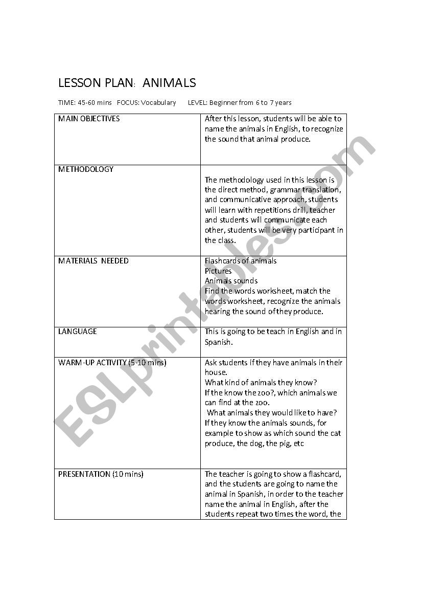 lesson plan animals worksheet