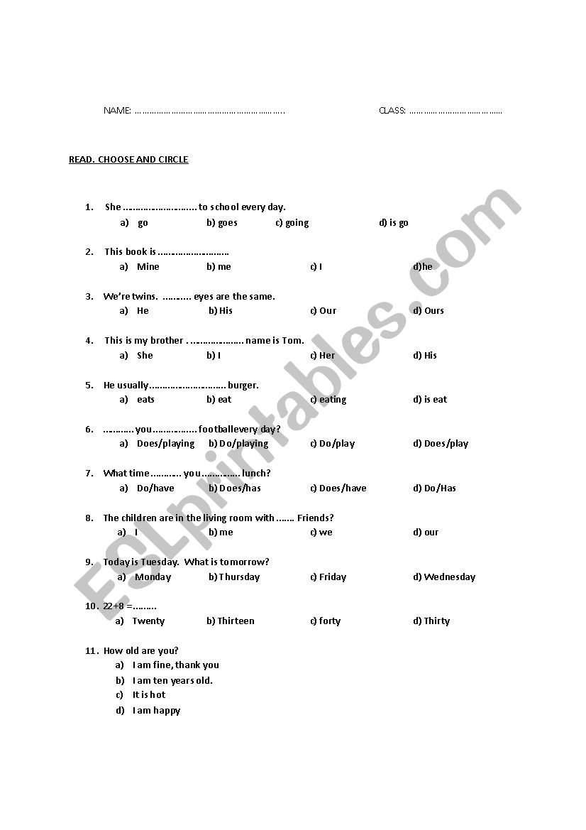 Multiple choice test worksheet
