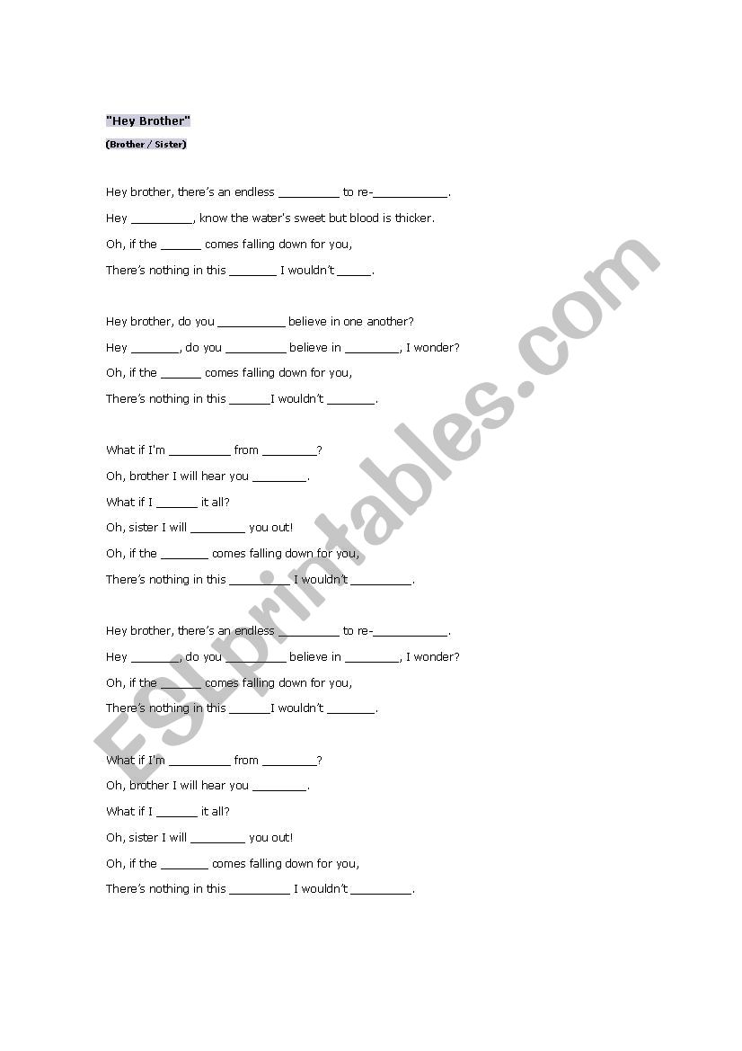 Hey Brother - Song worksheet