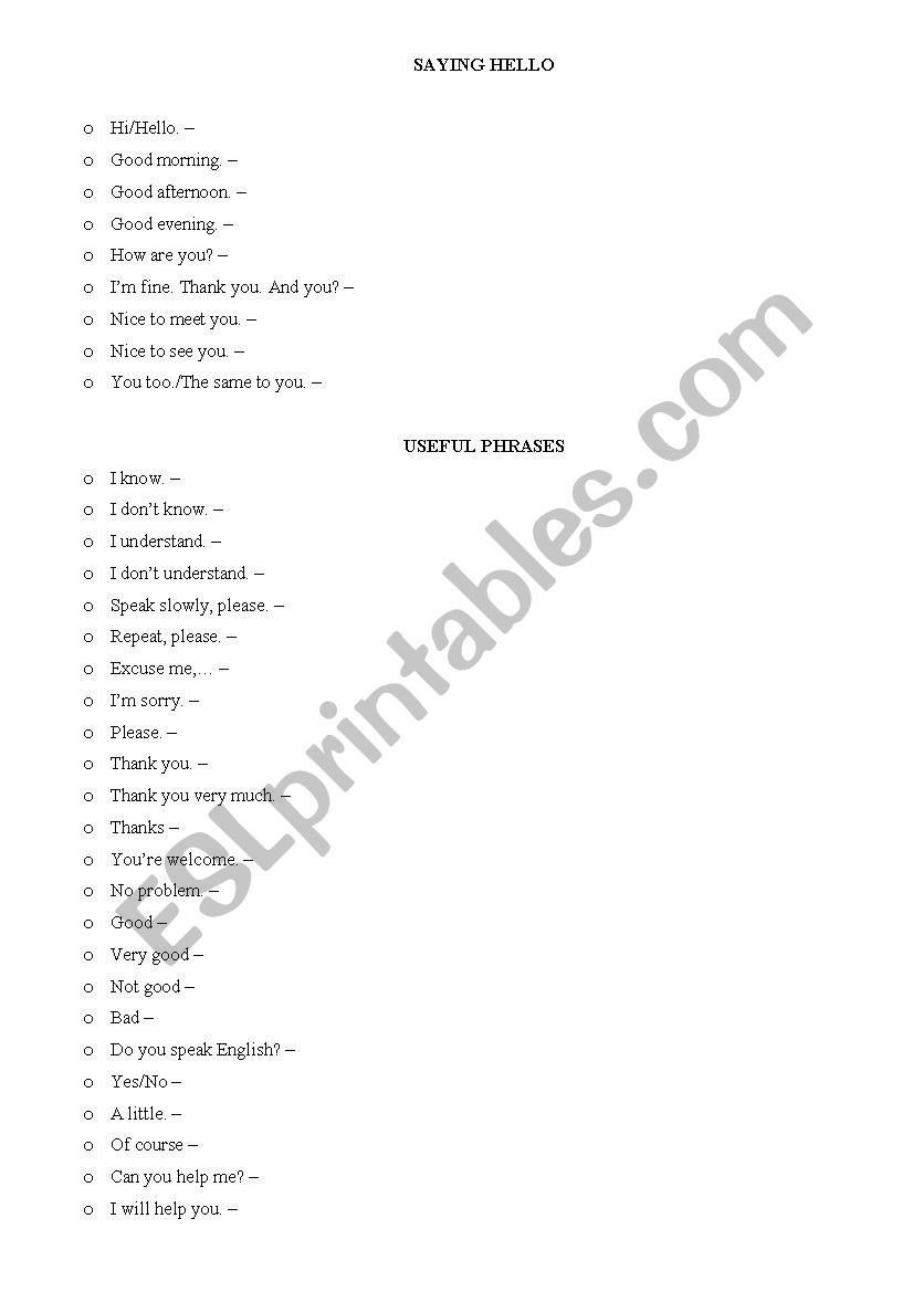 Basic phrases worksheet