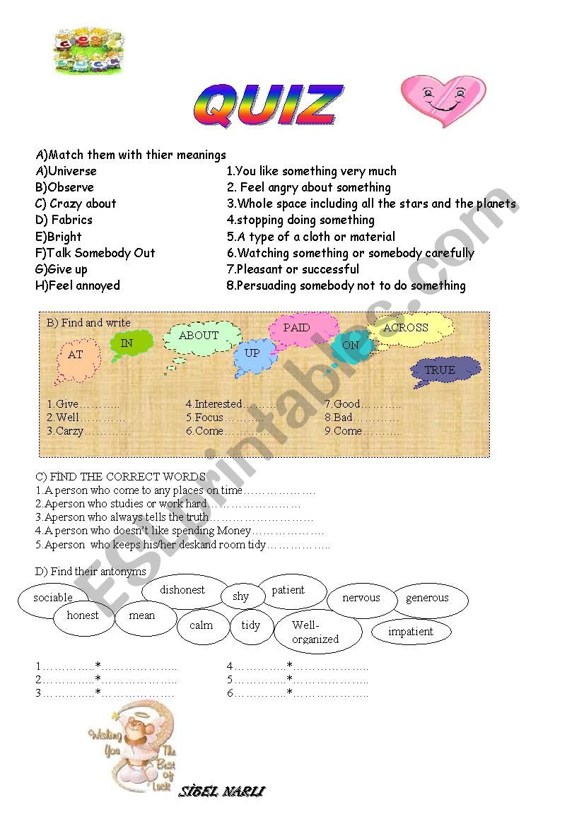 Vocabulary quiz worksheet