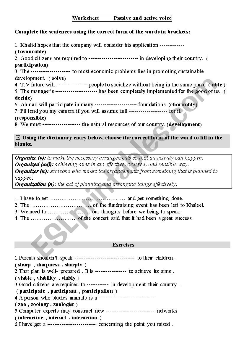 passive and active  worksheet
