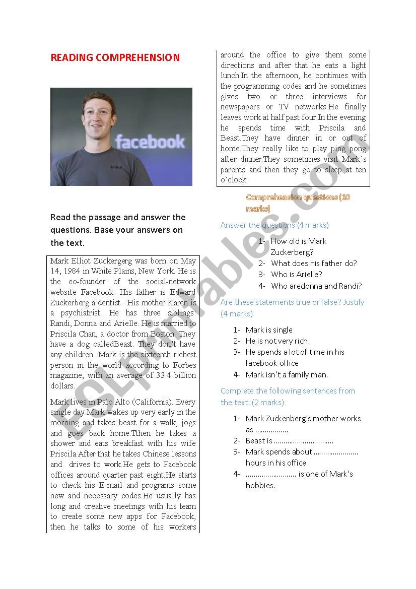 Mark Zuckerberg worksheet