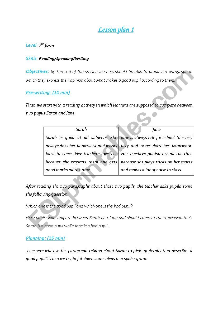 writing lesson plan 7th form  worksheet