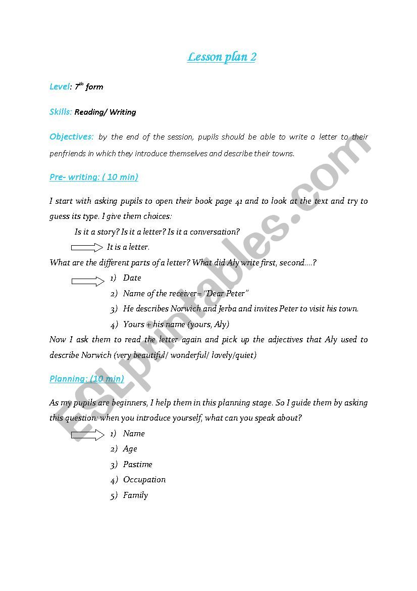 writing lesson plan 7th form  worksheet
