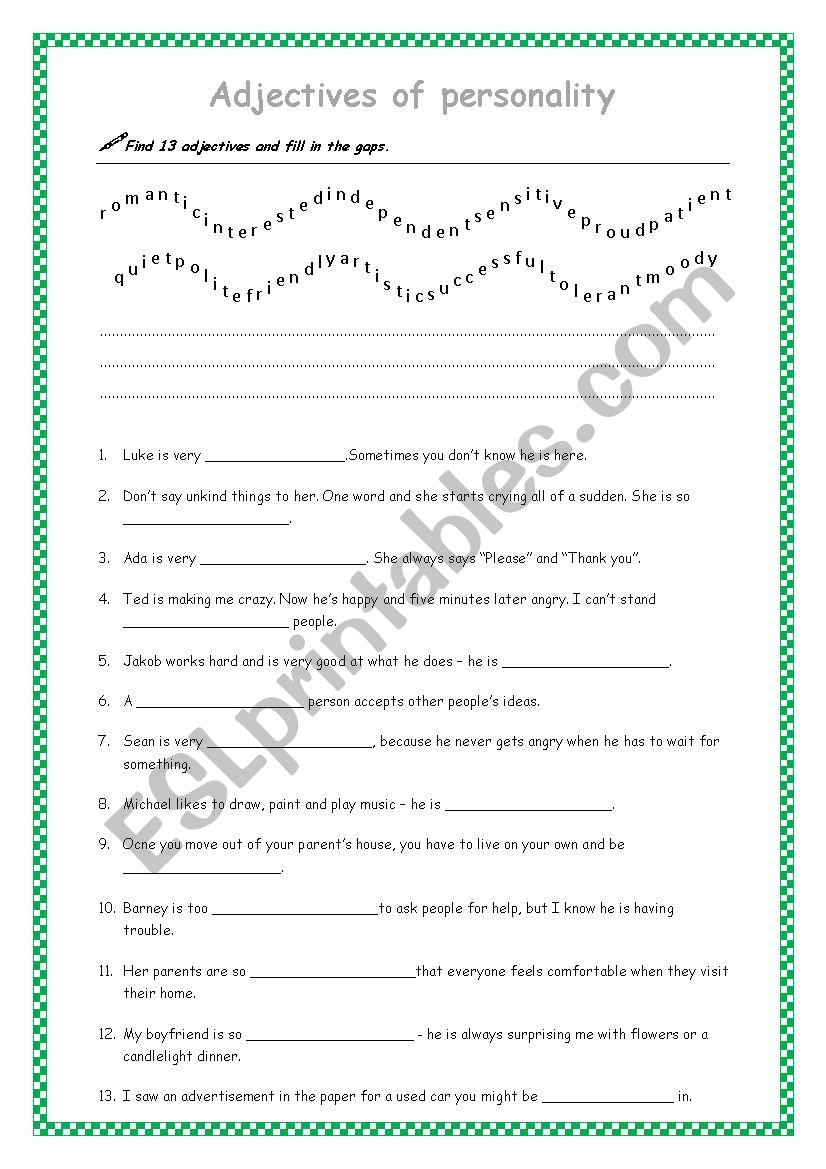 Adjectives of personality worksheet