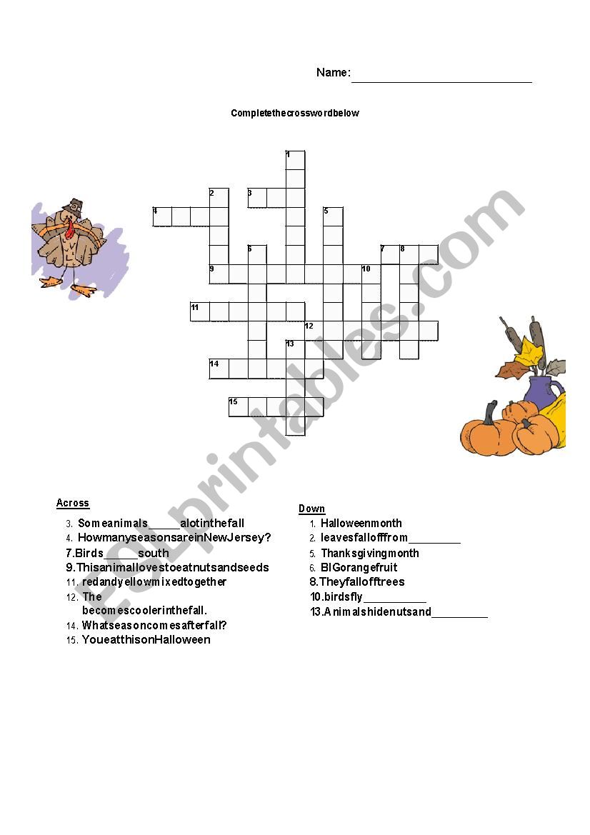 Fall crossword puzzle worksheet