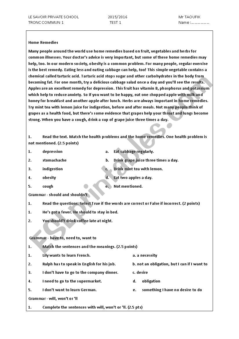 home remedies worksheet