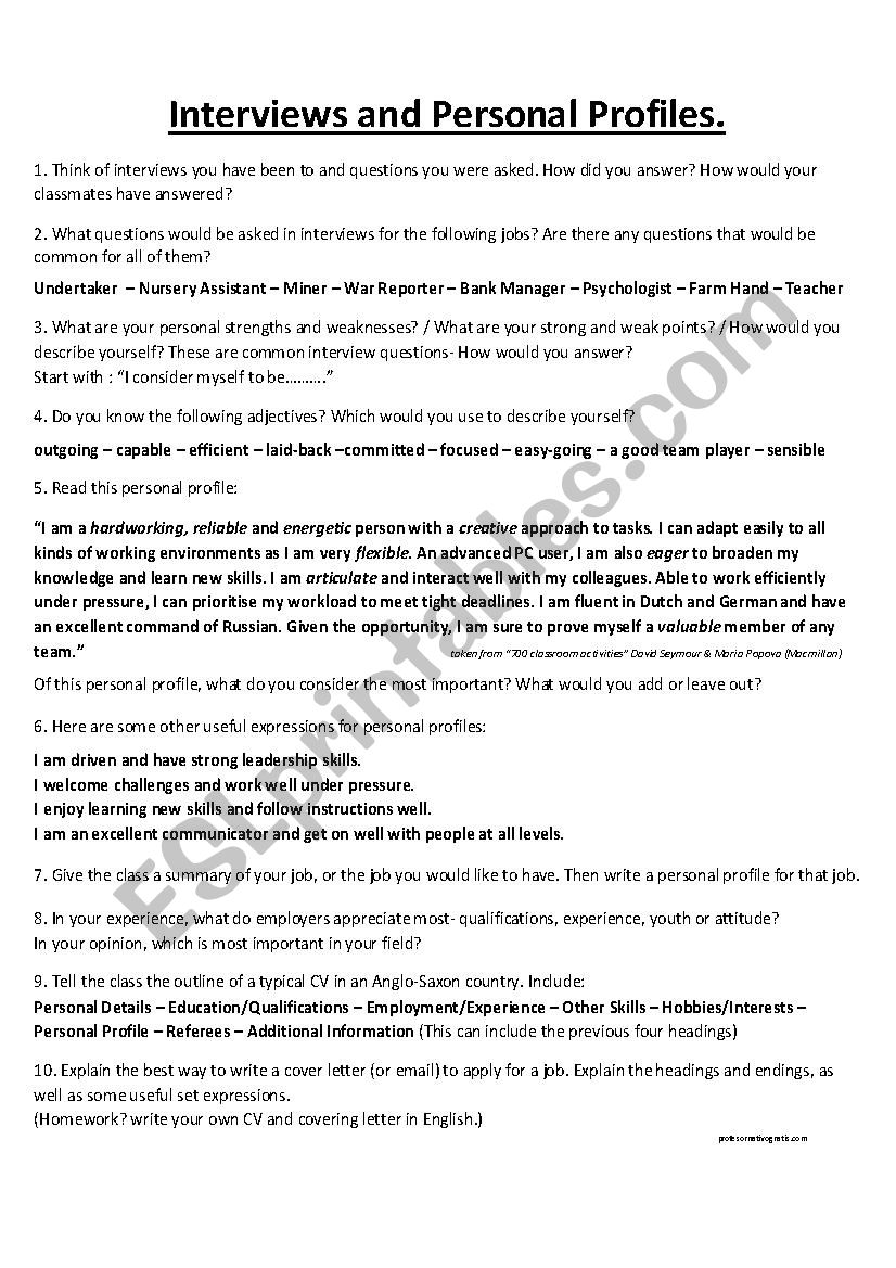 Personal Profiles (Advanced Adult Conversation and Writing) - ESL Personal Profiles (Advanced Adult Conversation and Writing) - ESL