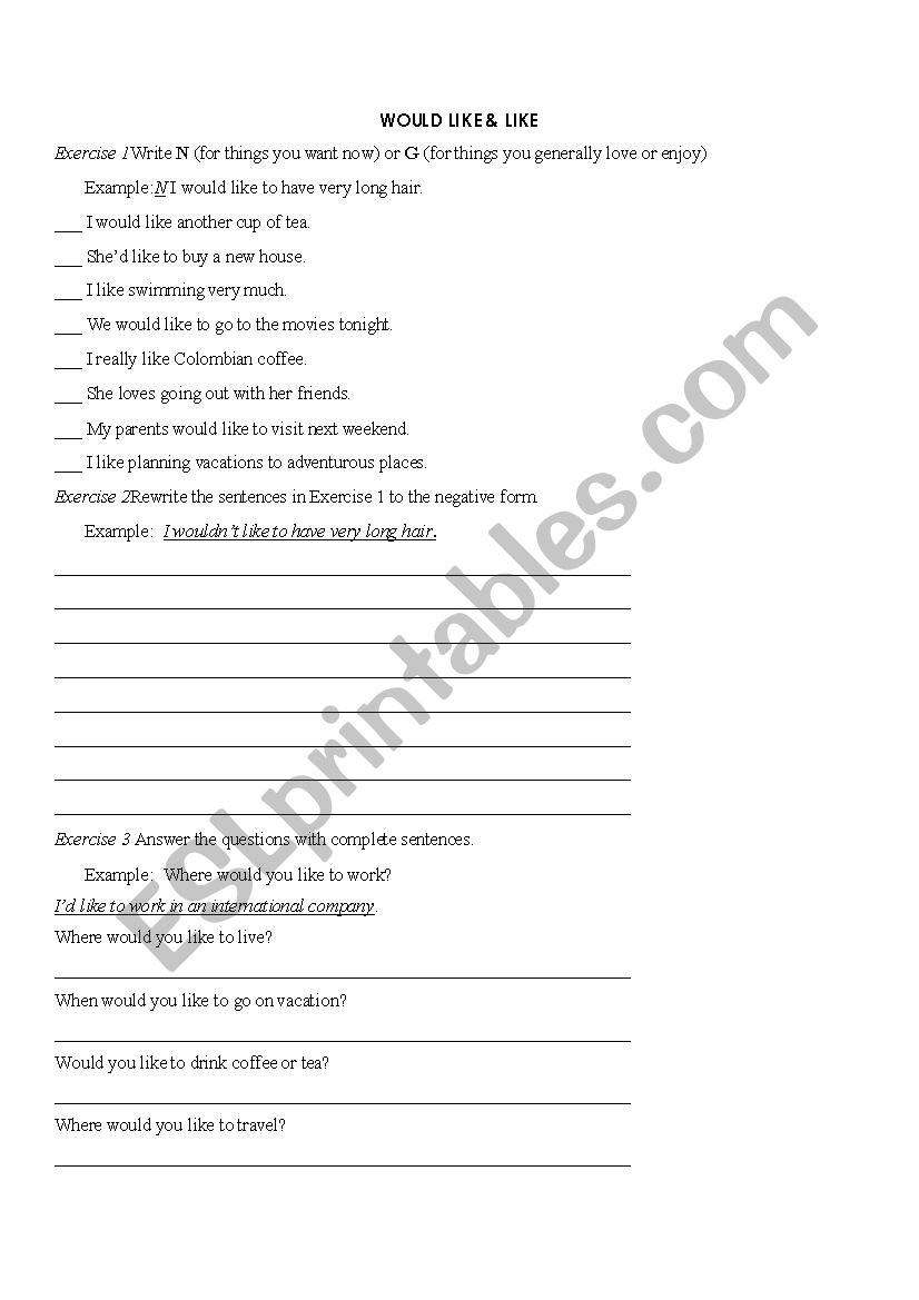 Would like and like worksheet