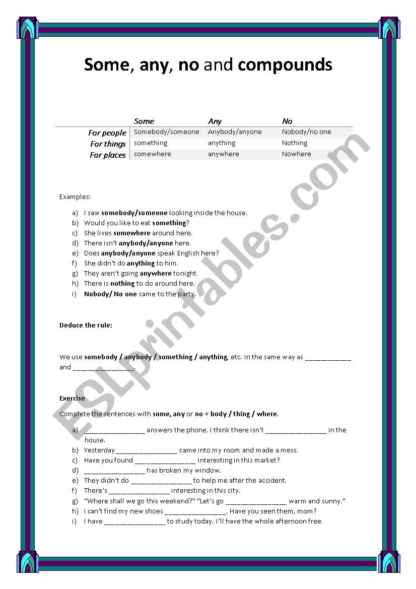 Some, any, no and compounds worksheet