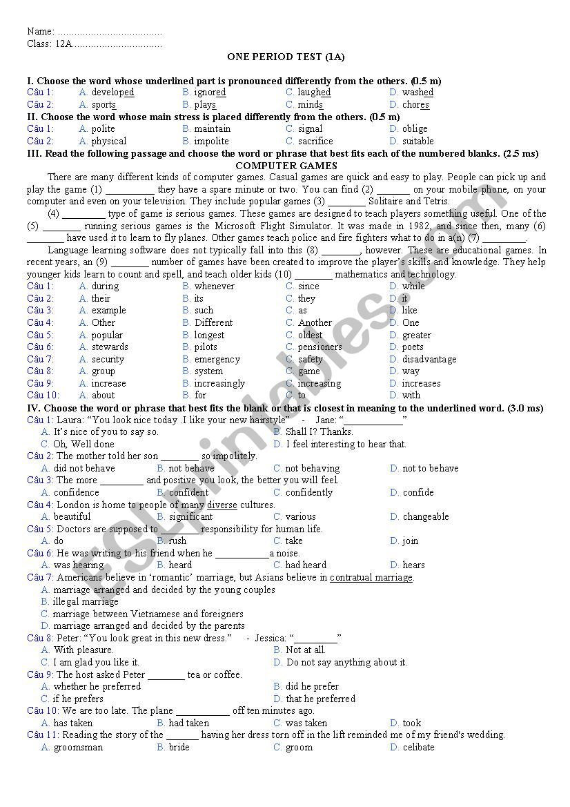 one-period test for grade 12 worksheet