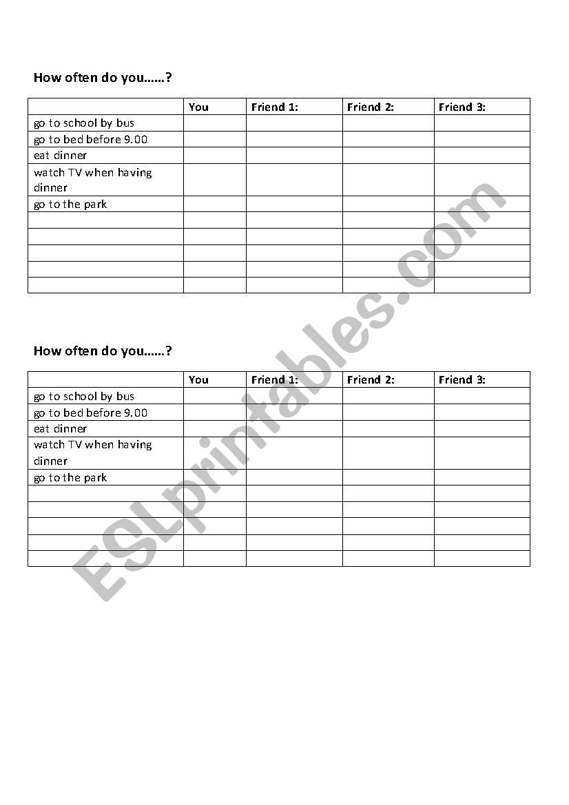 How often do you...? worksheet