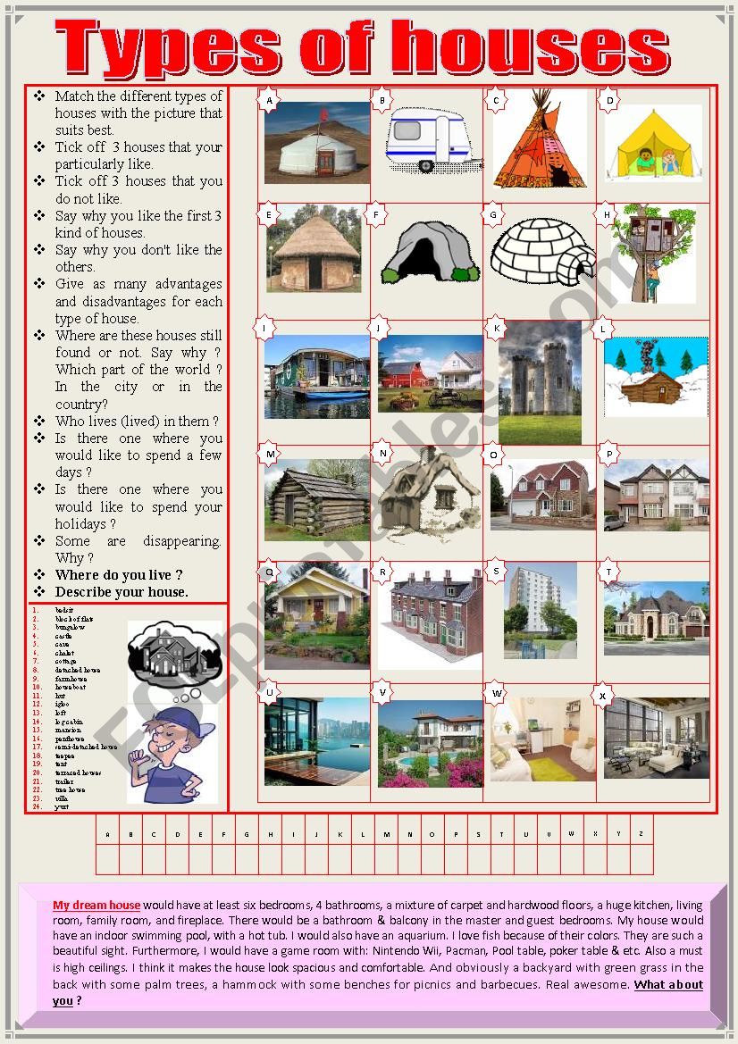 Types of houses. Pictionary + definitions + Questions + KEY 