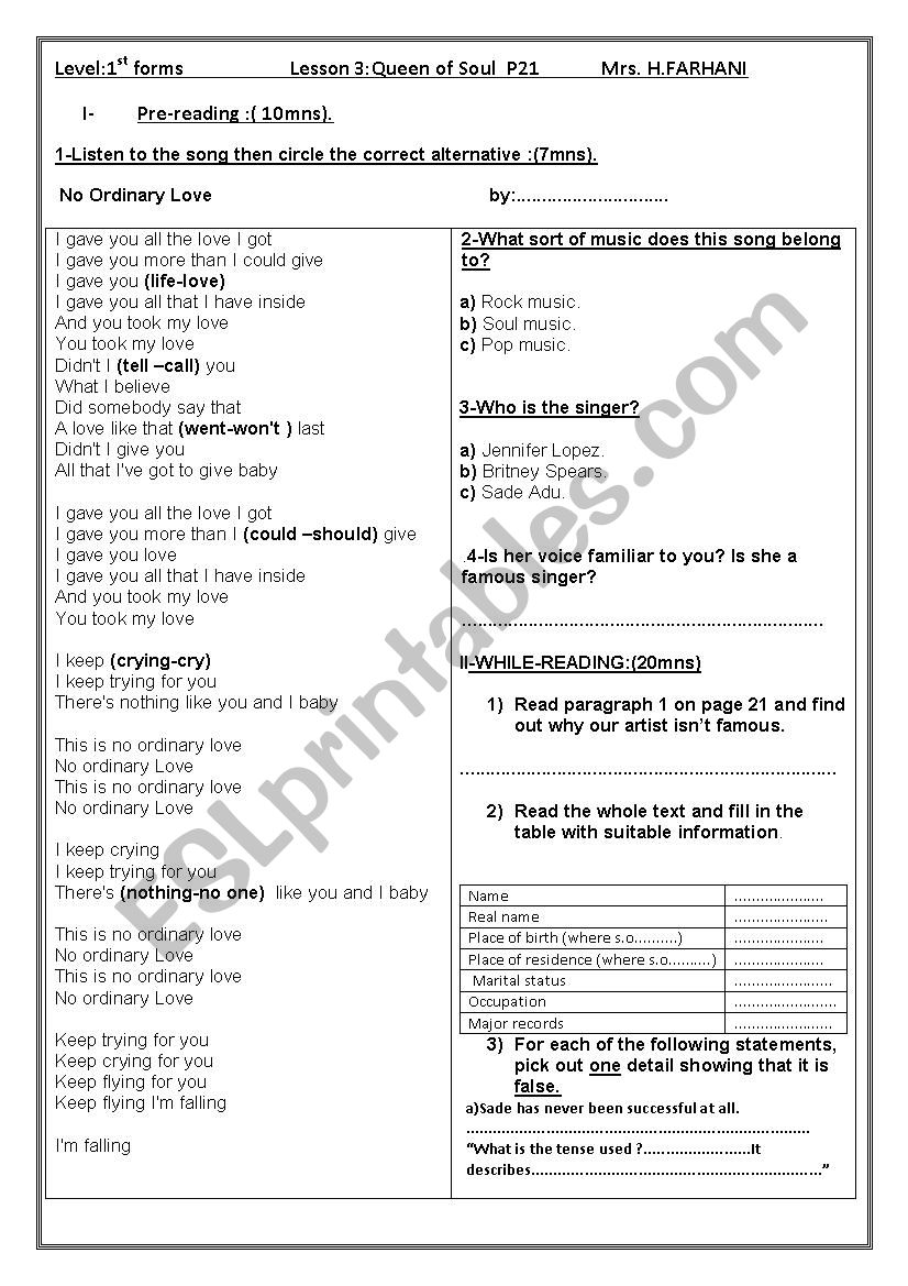 Queen of Soul worksheet