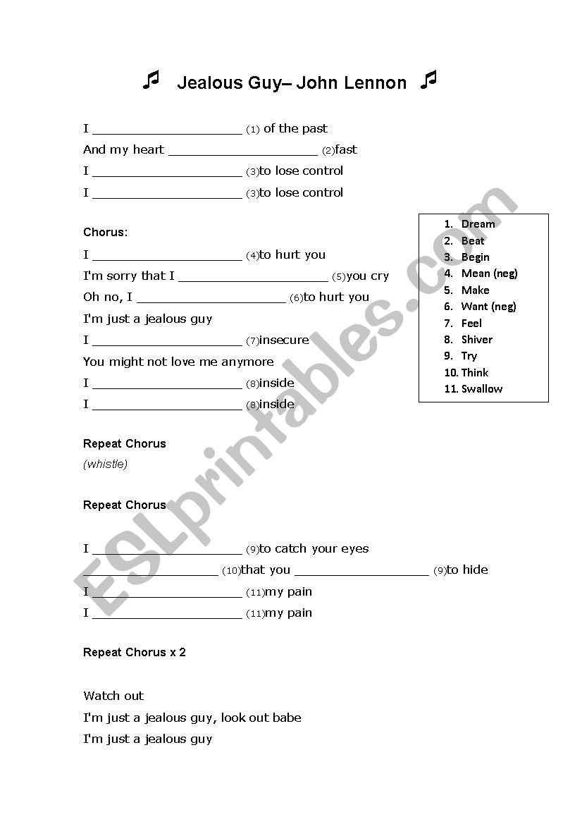 Jeaulous Guy worksheet