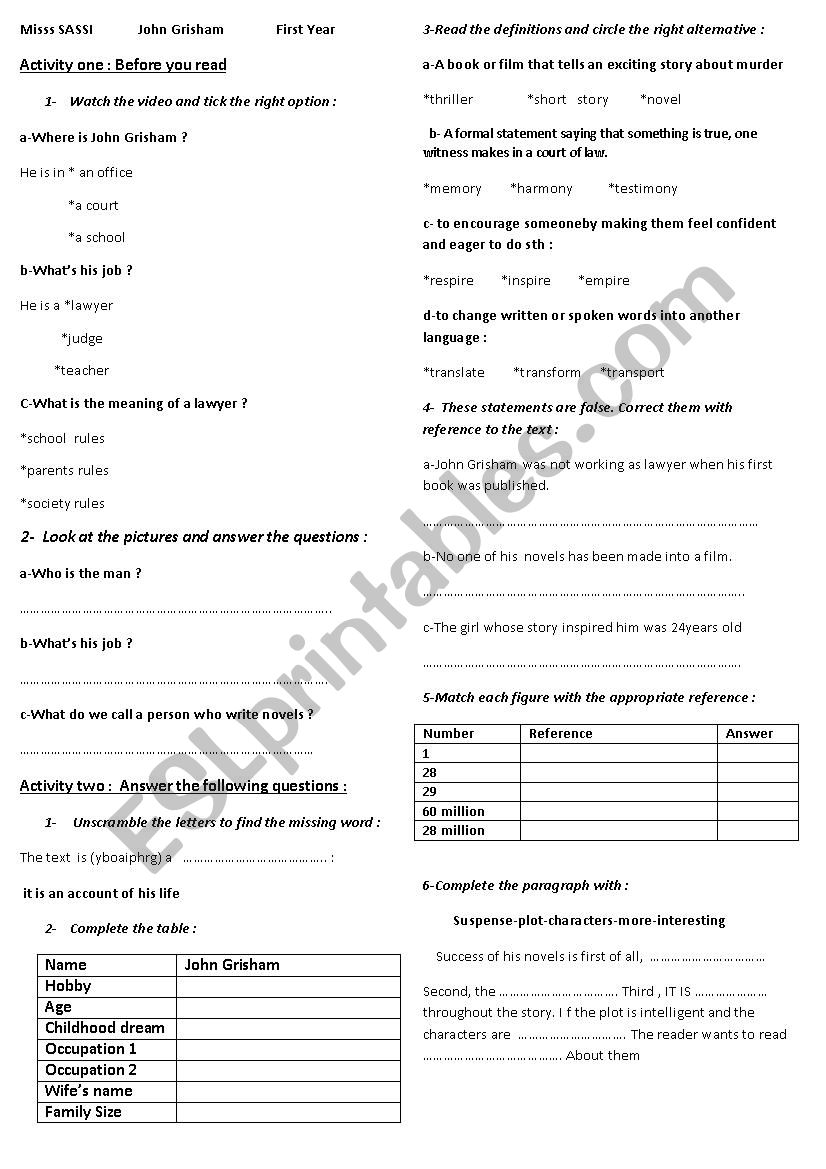 john grisham worksheet