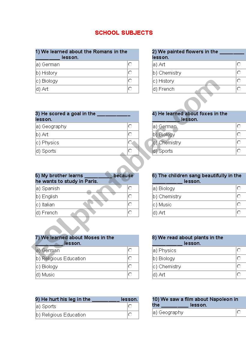 SCHOOL SUBJECTS worksheet