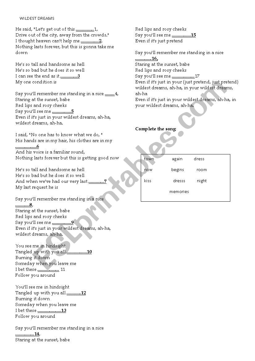 WILDEST DREAMS worksheet