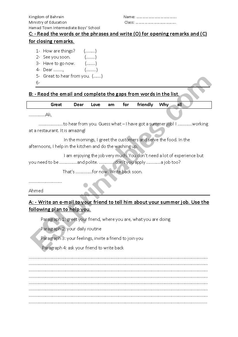 Summer Job worksheet