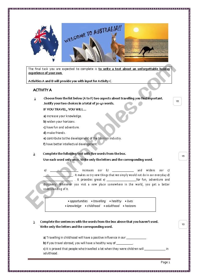 Task-based test on Travelling and Holidays