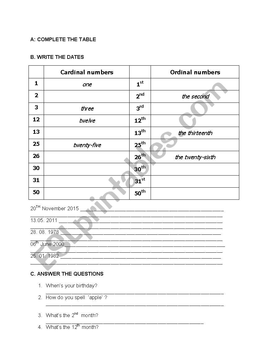 Cardinal and ordinal numbers worksheet