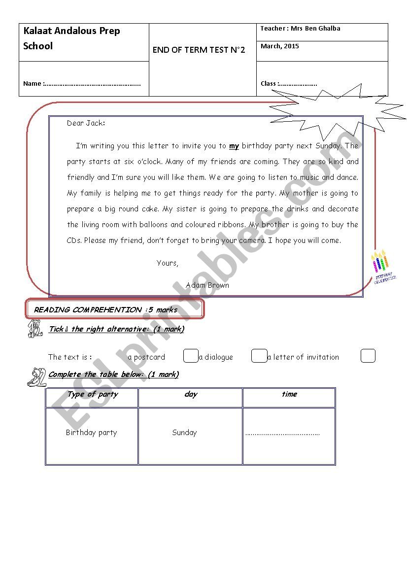 end term test 7th worksheet