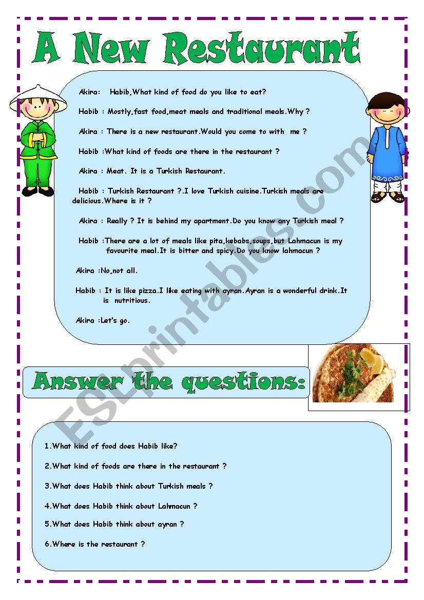 A New Restaurant worksheet