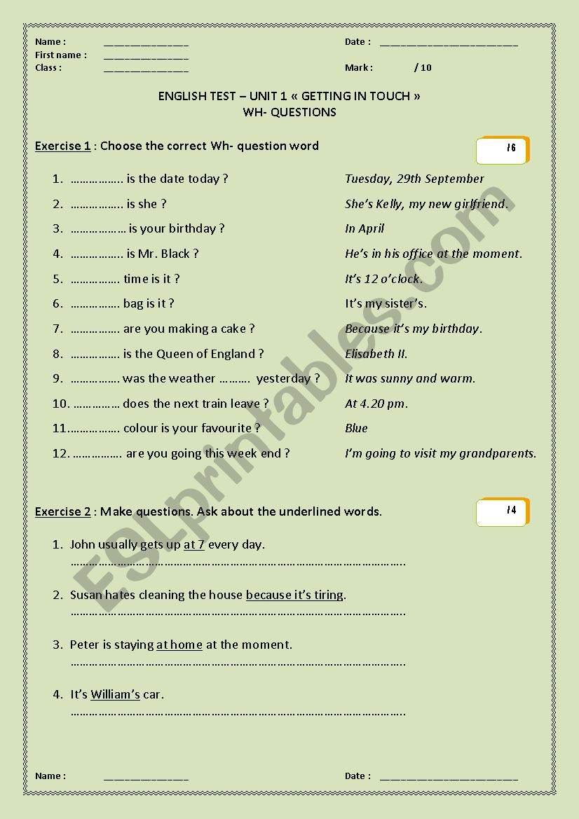 Wh- questions words worksheet