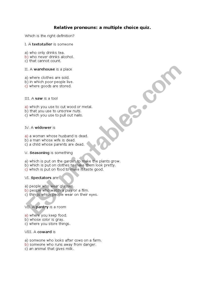 Relative pronouns: a multiple choice quiz - ESL worksheet by cortiano
