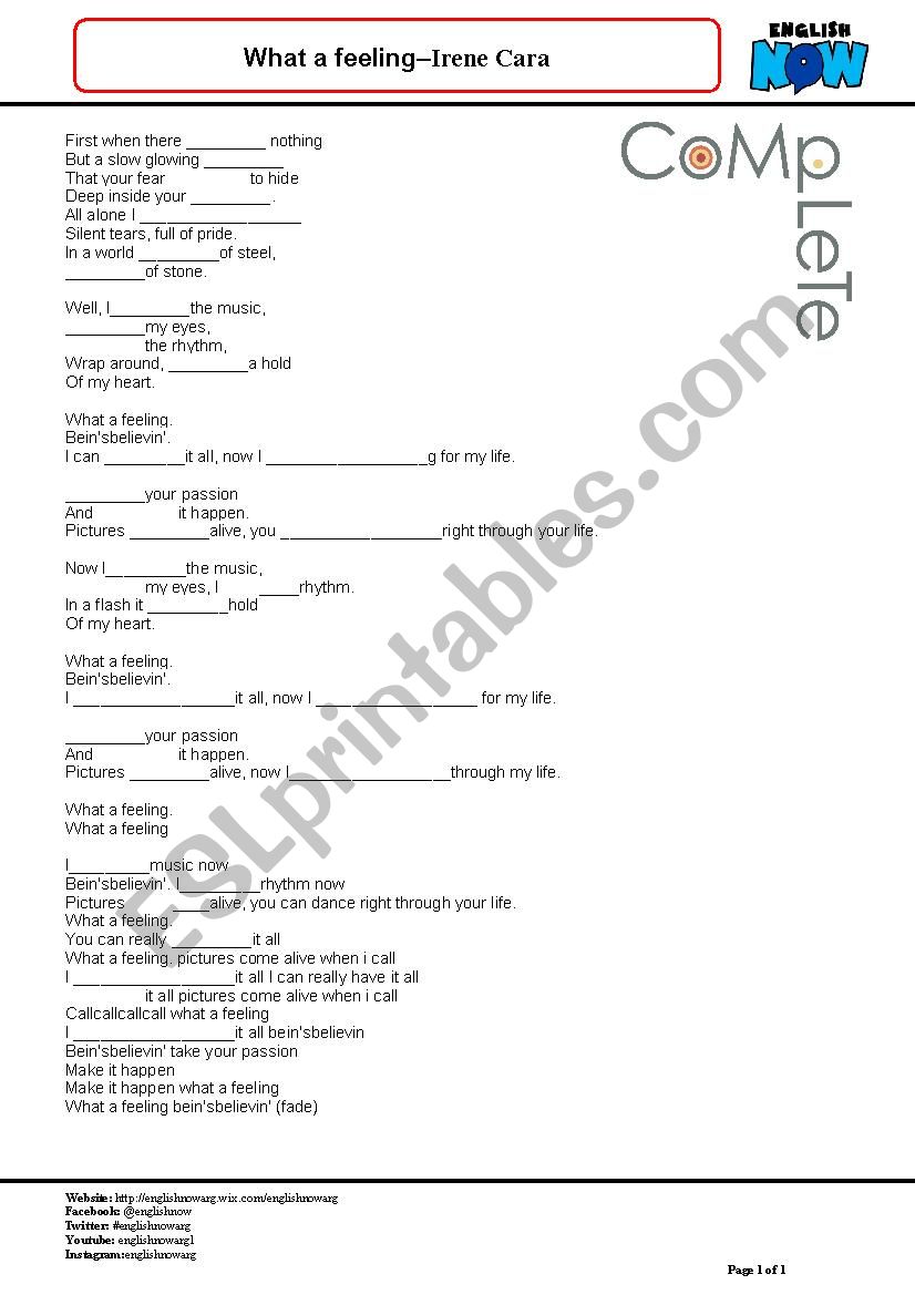 What a feeling  Irene Cara worksheet