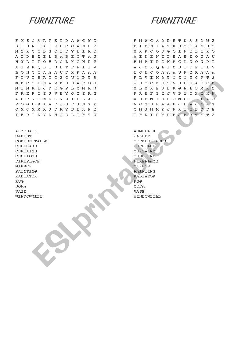 Furniture wordsearch worksheet